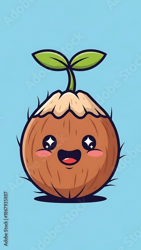Cute cartoon coconut with sprout growing.