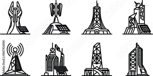 Collection of various telecommunications towers and broadcasting antennas for wireless communication and signal transmission  infrastructure icons