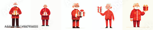 vector of a grandfather standing holding a Chinese New Year gift