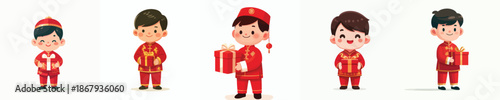 vector of a little boy standing holding a Chinese New Year gift