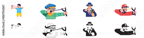 People using slingshots in different costumes