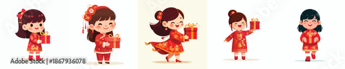 vector of a little girl standing holding a Chinese New Year gift