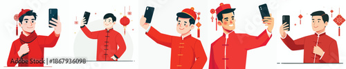vector half body of man standing happily taking selfie photo during Chinese New Year
