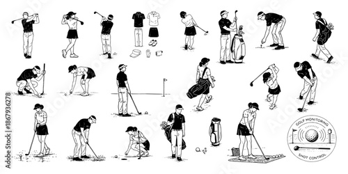 ゴルフの基本動作とプレーシーンを集めた人物ポーズイラストセット、Golf Player Poses and Basic Actions Illustration Set
