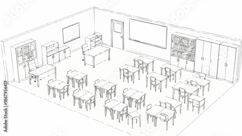 Empty classroom interior sketch with desks and whiteboards.