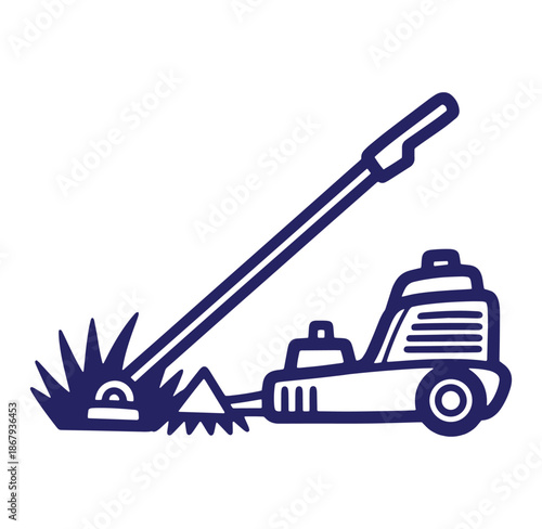 Simplified illustration depicting a lawn mower cutting grass with a clean design aesthetic