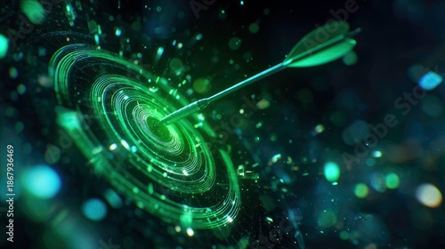 Digital arrow hitting a glowing green target in a futuristic concept.