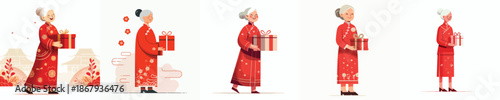 vector of a grandmother standing holding a Chinese New Year gift