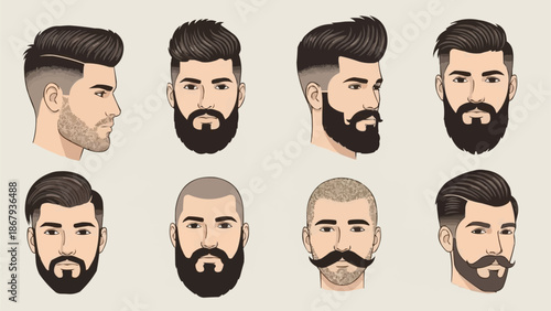 Collection of Diverse Male Hairstyles and Beard Styles.