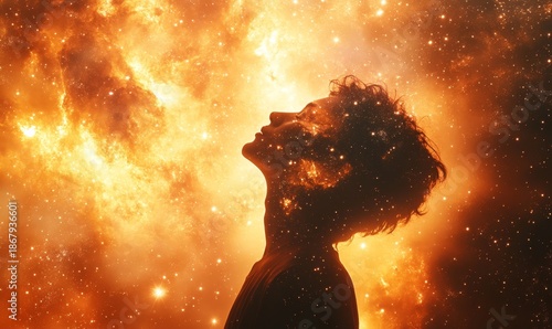 Fantasy galaxy silhouette with a person on an orange background. Ethereal spiritual imagery, depicting prayer, faith, and magic within the universe, Generative AI