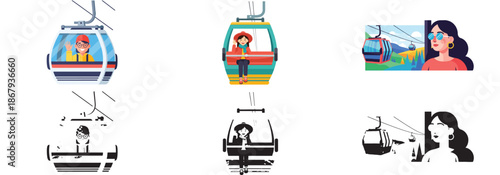 People riding gondolas in mountains with transparent background