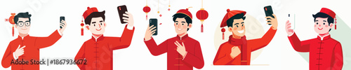 vector half body of man standing happily taking selfie photo during Chinese New Year
