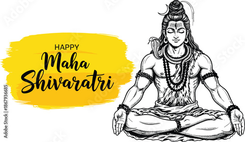 Lord Shiva meditating in padmasana for Happy Maha Shivaratri festival, Hindu deity line art vector illustration on yellow brush stroke background.