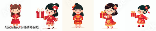 vector of a little girl standing holding a Chinese New Year gift