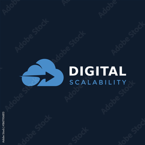 Modern blue cloud with arrow icon for digital scalability cloud computing or technology growth data expansion solutions logo design