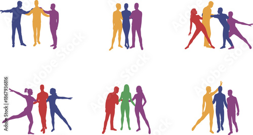 Colorful human silhouettes in groups of three showing teamwork, communication, collaboration, diversity, social interaction, lifestyle, unity, abstract illustration