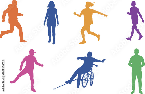 Colorful human silhouettes of diverse people walking, running, standing, and wheelchair user representing inclusivity, accessibility, lifestyle, diversity, modern illustration