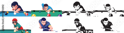 Pool game players aiming shots in action