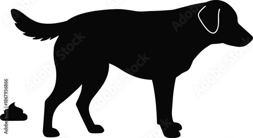 Dog Standing Near Waste, Pet Poop Silhouette, Responsible Ownership Graphic, Animal Care Illustration, Clean Environment Symbol, Black and White VectorDog Standing Near Waste, Pet Poop 