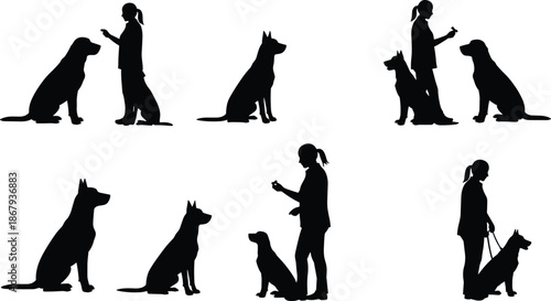 Dog training silhouette vector illustration with people teaching pets commands, obedience practice, sitting dogs, leash handling, animal behavior, pet education artwork