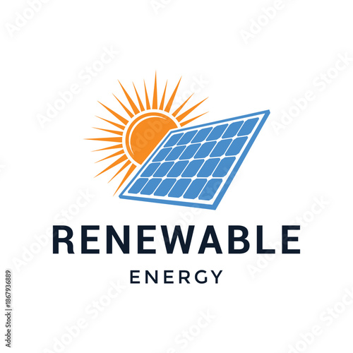 vibrant sun with solar panel for renewable sustainable power energy solutions or technology eco-friendly business logo design