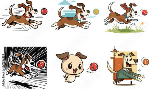 Dogs Chasing Red Balls, Cartoon Style, Playful Motion, Joyful Pet Illustration, Fun