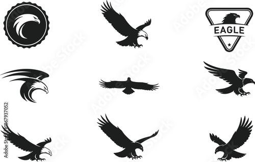 Eagle logo collection, flying eagle icons, bird of prey design, strong hawk symbols, freedom illustration, wildlife branding, powerful animal graphics