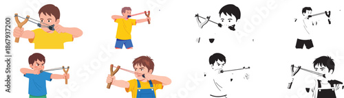 Boys playing with slingshots outdoors