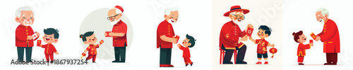 vector of grandfather giving red envelopes to Chinese New Year grandchild
