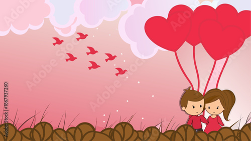 Loving cartoon couple embracing with heart balloons in pink sky