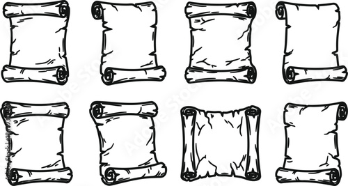 Set of cartoon vintage scrolls with blank space for text isolated on white background for design and decoration