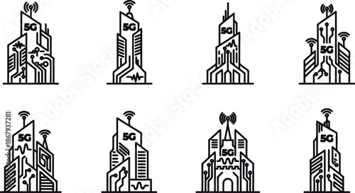 Set of city skylines with 5G network and wireless communication technology  cityscape with modern buildings and antennas