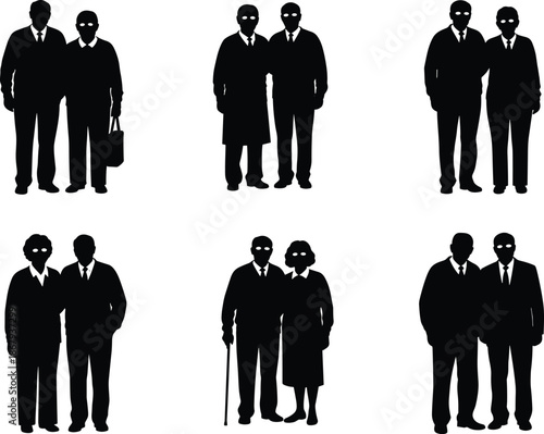 Elderly couples standing together in formal clothing, silhouette illustration set for family, care, unity, support