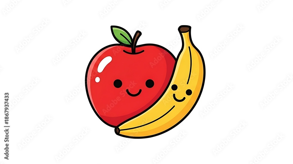 Obraz premium Smiling cartoon apple and banana fruit.