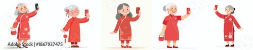 vector grandmother standing happily taking selfie photo during Chinese New Year