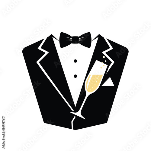 A black tuxedo with a white shirt, black bow tie, and a champagne flute in the pocket, vector illustration.