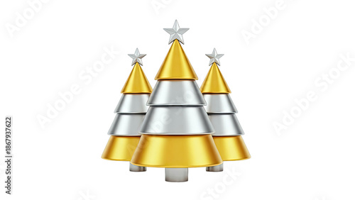 Three Modern Christmas Trees with Gold and Silver Cones