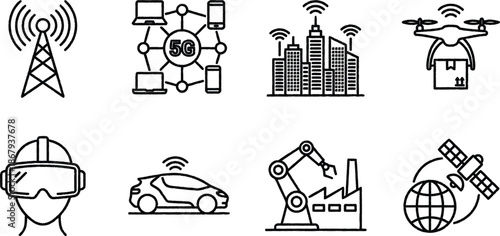Set of modern technology and industry related icons including 5G network and robotic arm on white background