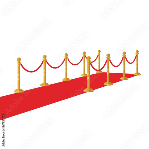 Red carpet with golden stanchions and red velvet ropes for a grand event or VIP entrance on a white background.