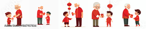 vector of grandfather giving red envelopes to Chinese New Year grandchild