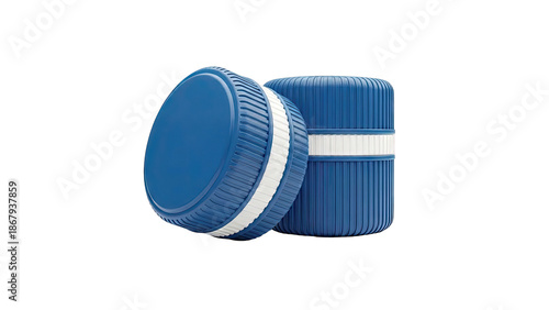 Two blue ribbed containers with white bands