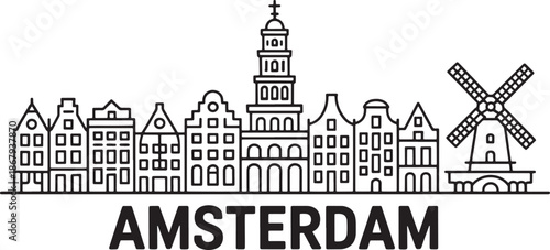Amsterdam city skyline with famous dutch houses and windmill vector outline illustration