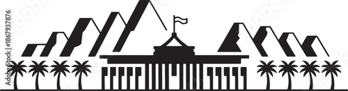 Australia capital building silhouette set against dramatic mountain ranges and tropical palm trees design vector.