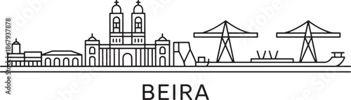 Beira cityscape outline with historic buildings and port cranes vector illustration