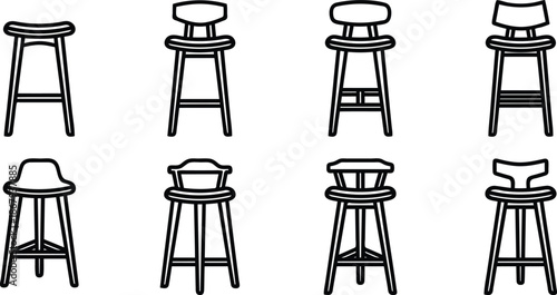 Various stool designs in black and white illustrations for furniture and interior decoration concepts