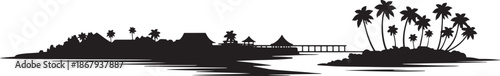Bora Bora island silhouette skyline with tropical resort palm trees travel illustration