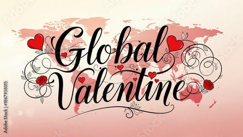 Global Valentines Day lettering with hearts and roses on a world map background celebrating love and connection worldwide