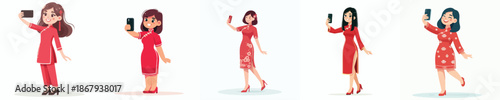 vector woman standing happily taking selfie photo during Chinese New Year