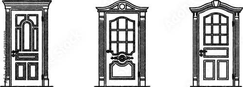 Three ornate doors with unique designs and architectural details on white background