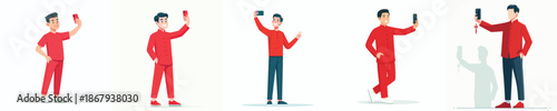 vector man standing happily taking selfie photo during Chinese New Year